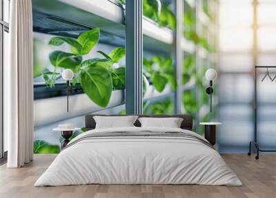 Vertical garden with lush green plants in a modern indoor setting. Wall mural