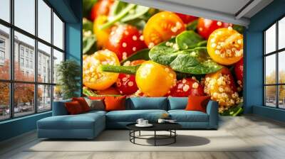 Vibrant salad with cherry tomatoes and fresh spinach on a white background. Wall mural