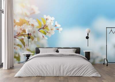 A fresh spring blue sunny sky background with blurred sunny glow and beautifull blooming daisy Wall mural