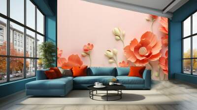 beautiful spring flowers on paper background papercut style on orange background Wall mural