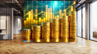 Golden Coins Stacked in a Rising Trend on a Green Chart Background, finance , investment , growth , wealth Wall mural