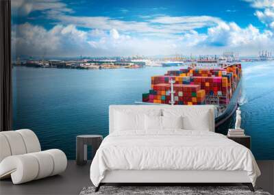 Aerial side view of cargo ship carrying container and running for export  goods  from  cargo yard port to custom ocean concept technology transportation , customs webinar banner forward mast Wall mural