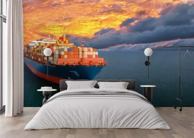 Aerial side view of smart cargo ship carrying container from custom container depot go to ocean concept freight shipping by ship service on sunset sky background,  webinar banner  forwarder mast Wall mural