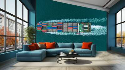 aerial top view Cargo Ship carrying container and running for export goods from cargo yard port to other ocean concept freight shipping ship Wall mural