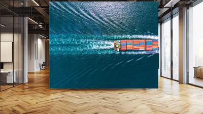 Aerial top view of cargo ship with contrail in the ocean sea ship carrying container and running  from container international port smart freight shipping by ship service, webinar banner Wall mural