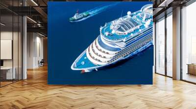 Aerial view of beautiful white cruise ship above luxury cruise running with tug boat in the ocean sea  concept tourism travel on holiday take a vacation time on summer.  forwarder mast Wall mural