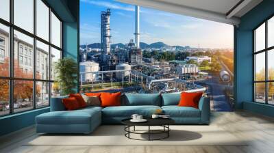 Aerial view of smart chemical oil refinery plant, power plant on blue sky background , Gas Oil depot, Crude Oil Refinery Plant Steel Pipe line and Chimney Cooling tower, Chemical or Petrochemical Wall mural