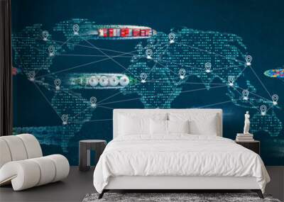 AI Cargo ship technology. Global Logistics international delivery concept, World map logistics and supply chain network distribution container Ship running for export import to customs ocean  Wall mural