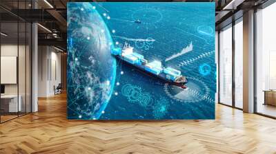 AI Cargo ship technology. Global Logistics international delivery concept, World map logistics and supply chain network distribution container Ship running for export import to customs ocean. Wall mural