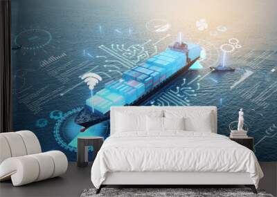 AI technology. Global Logistics international delivery concept, World map logistic and supply chain network distribution container Ship running for export import to customs cean concept technology Wall mural