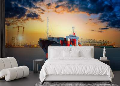 Cargo ship carrying container running export  goods  from  cargo yard port to other ocean concept freight shipping ship. Wall mural