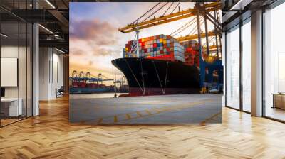 Crane loading Cargo Container export container ship in the international terminal logistics sea port concept freight shipping by ship, Truck running in port under the Big Crane transport trade Wall mural