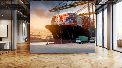 crane loading cargo container from truck to container ship in the international terminal logistic sea port concept freight shipping by ship, webinar banner  forwarder mast Wall mural