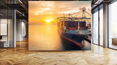 crane loading cargo container to container ship stand by in the international terminal logistic container depot sea port freight shipping by ship at sunset , webinar banner  forwarder mast Wall mural