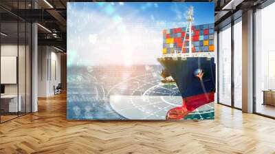 Futuristic Cargo ship with Clouds data icon technology Container ship in  ocean sea concept transportation logistic. Big Cloud storage Technology Big Data Logisitcs transportation digital internet. Wall mural