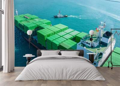 Green Cargo Container Ship, Cargo Container only green color. container ship running in the ocean to shipyard sea port. import shipping freight logistics. Concept green transportation environment Wall mural