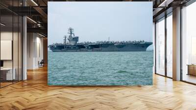 Nuclear War Ship, Military navy ship carrier full loading fighter jet aircraft for prepare troops. forwarder mast. Side view of War Ship. Wall mural