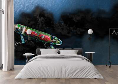 Oil leak from Ship , Oil spill pollution polluted water surface water pollution as a result of human activities. industrial chemical contamination. oil spill at sea. petroleum products. Insurance Wall mural