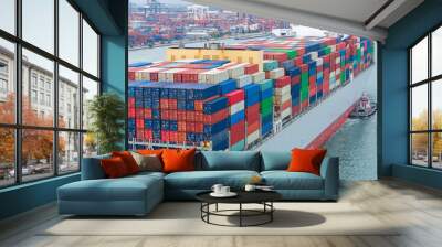 stern of Cargo container ship carrying container and running in international container port customs shipyard sea port concept smart logistic service. stern Container Ship.. Wall mural