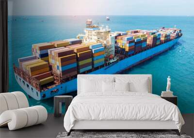 Stern of large cargo ship import export container box on the ocean sea on blue sky back ground concept transportation logistic and service to customer and supply change, webinar banner Wall mural