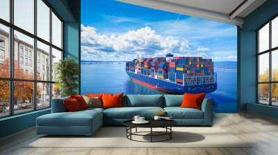 Stern view of Cargo container ship carrying container and running out international container port customs shipyard sea port concept smart logistic service.. Wall mural