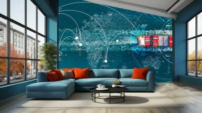 Technology Cargo Container Ship Futuristic Global Logistics international delivery concept, World map logistic and supply chain network distribution container export import to customs technology. Wall mural