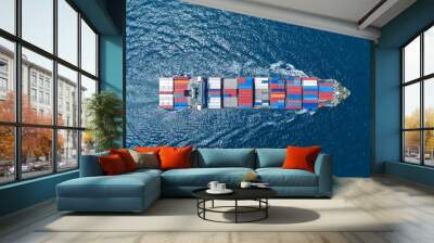 top view Cargo container ship carrying container and running in the ocean near international container port customs shipyard sea port concept smart logistic service. transportation logistics trading.. Wall mural