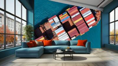 top view Cargo Container ship in the ocean ship carrying container and running for import export concept technology freight shipping by ship Wall mural