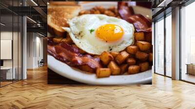 breakfast with bacon eggs and home fries on white plate. delicious breakfast menu with sausage Wall mural