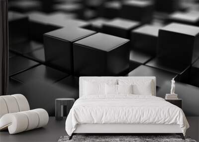 Close up black block background. 3d render black cubes background Wall mural