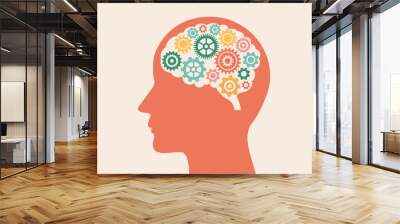 brain creative and gear thoughts on head background. idea thinking innovation work for success. study and learning concept. vector illustration flat design. Wall mural