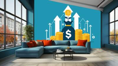 business investment arrow up with bag money. save money tree and arrow up. profit income chart increase. trend growing stock market. vector illustration flat design. Wall mural