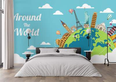 Business travel with famous world landmarks. Concept website template. Road trip. Journey and Tourism. Vector illustration modern flat design. Wall mural