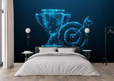 business trophy low poly wireframe. reward winner cup consisting of points, lines, and triangle. isolated on blue dark background. Business goal to success. forgot target and bullseye. Wall mural