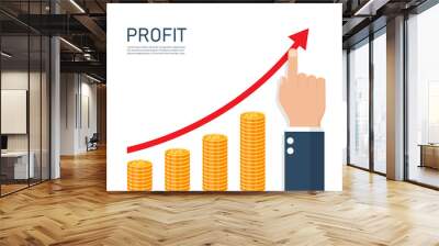 Businessman hand pointing graph arrow financial increase. Dollar pile and profit growth concept.business and finance. Vector illustration flat design.Successful investment plans. On white background. Wall mural