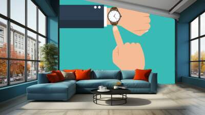 businessman hand with a watch on the wrist. business concept with checking time. time is money. symbol of deadline work. isolated on blue background. vector illustration modern flat design. Wall mural