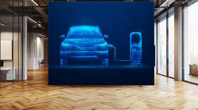 car electric digital technology on blue dark background. ev charger. transportation renewable energy. vector illustration low poly wireframe. Wall mural