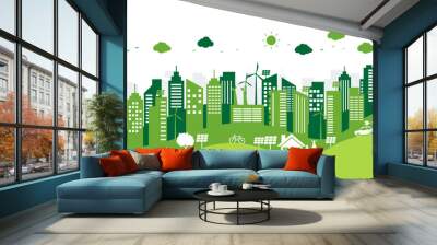 ecology and environment with green city on white background. renewable friendly energy sources. sustainable for billboard or web banner. save protection world concept. vector illustration flat style. Wall mural