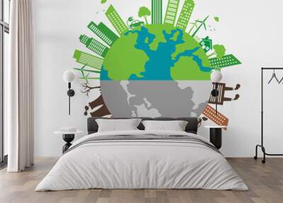 Ecology cityscape pollution and solution concept. Green vs polluted city on earth. world environment day nature save. vector illustration in flat style modern design. Wall mural