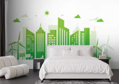 ecology environment and conservation green energy city on white background. green eco home friendly sustainable development. Vector illustration in flat design on white background. Clean and natural. Wall mural