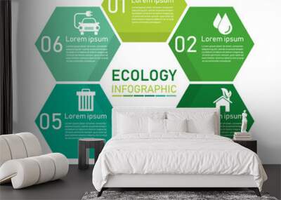 ecology hexagon infographics green with six element. sustainable and environmental friendly concept. vector illustration in flat style modern design. isolated on white background. Wall mural