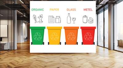 Garbage different types icons. Waste separation plastic,paper,metal,organic,glass,e waste. recycling infographic. isolated on white background. vector illustration Wall mural