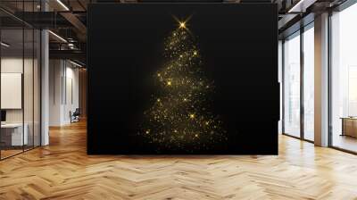 gold glitter christmas pine shape on dark background. happy new year and merry christmas decoration. golden light shiny tree. vector illustration bright design. Wall mural