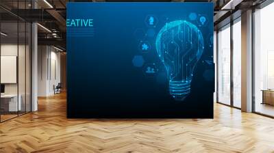 idea solution light bulb digital circuit. creative thinking digital technology. brain innovative to success. new business idea concept. vector illustration fantastic hi tech. on blue dark background. Wall mural