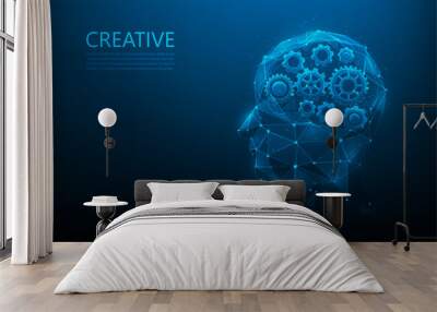 idea thinking Cogs in brain human technology digital on blue background. brainstorm creative low poly wireframe. vector illustration fantastic technology design. Wall mural