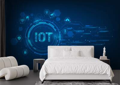 internet of things technology on blue dark background. IOT home automation concept with icon. intelligent digital system. devices connect online network control in house. vector illustration digital. Wall mural