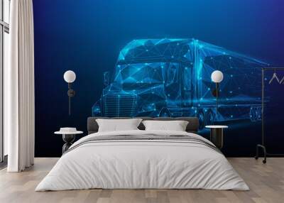 logistics cargo truck transport low poly. business worldwide shipping wireframe concept. consist of lines, dots and triangle. isolated on blue dark background. vector illustration fantastic digital. Wall mural