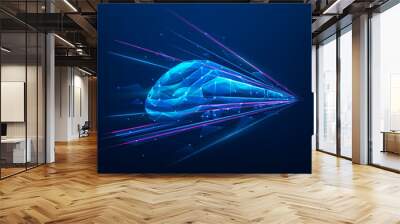 modern train high speed digital technology low poly wireframe blue background. future transport and logistics concept. vector illustration fantastic design. Wall mural