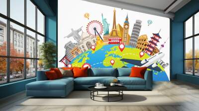 plane travel and landmark world on white background. time to travel banner. tourism trip concept. journey in vacation. vector illustration flat design. Wall mural