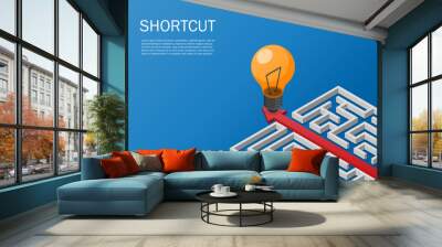 Red arrow route break out of maze to idea. Problem solving shortcut. Business and finance concept. Vector illustration isometric flat design. Creative light bulb to success on blue background. Wall mural